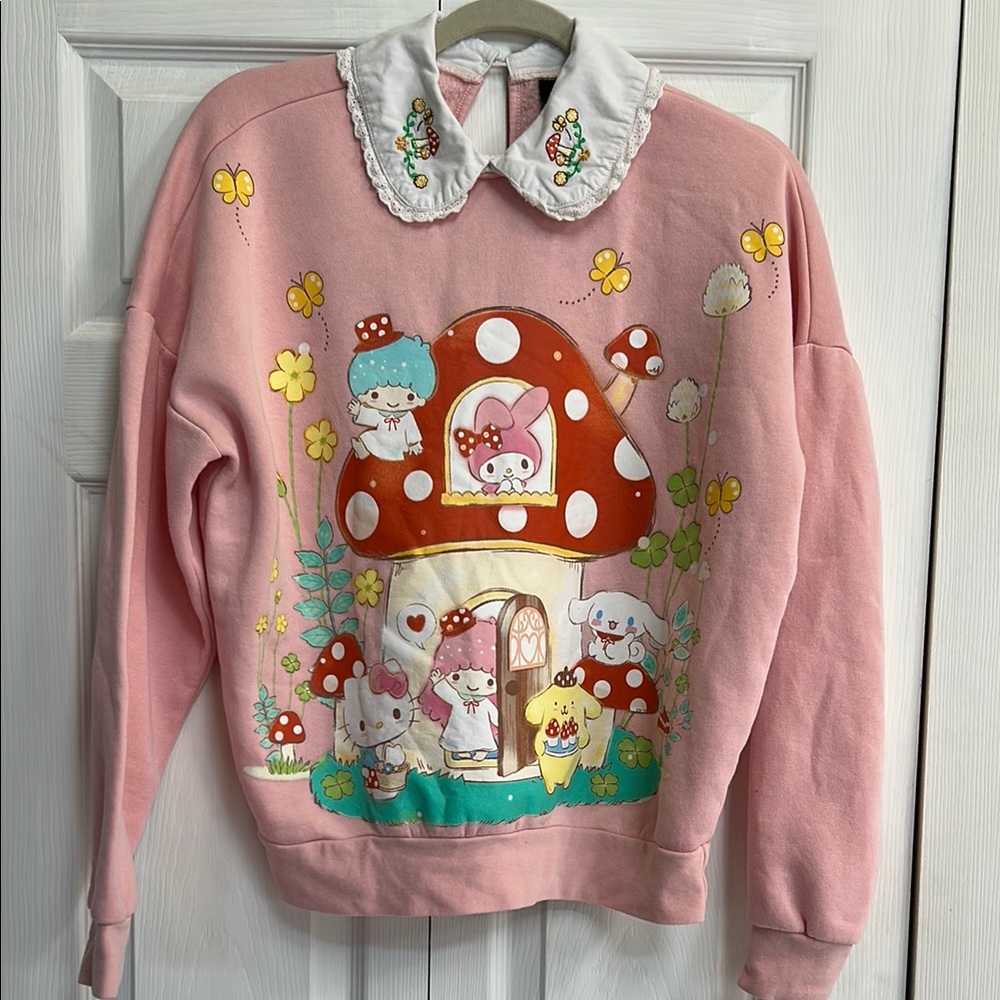Rare hello kitty & friends kawaii sweatshirt with embroidered mushrooms